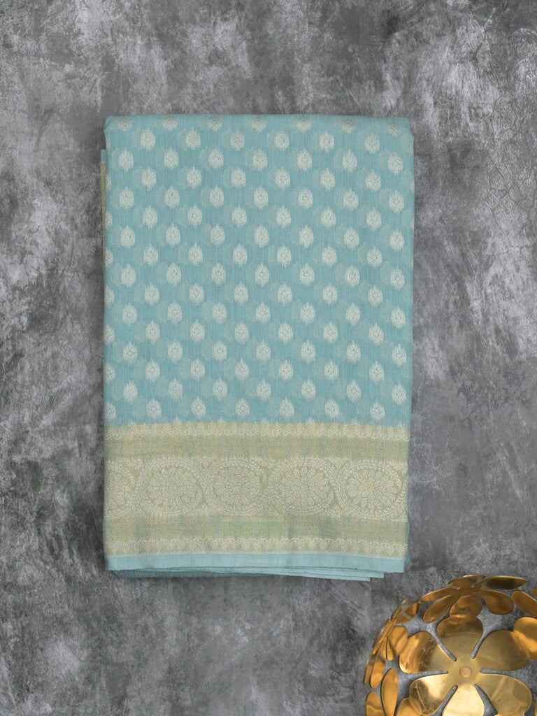 Chanderi kora fancy saree light blue color allover zari motifs & zari border with rich pallu and plain blouse