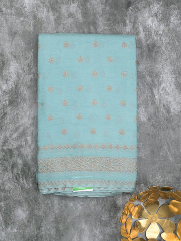 Chanderi kora fancy saree light blue color allover zari motifs & zari border with rich pallu and plain blouse