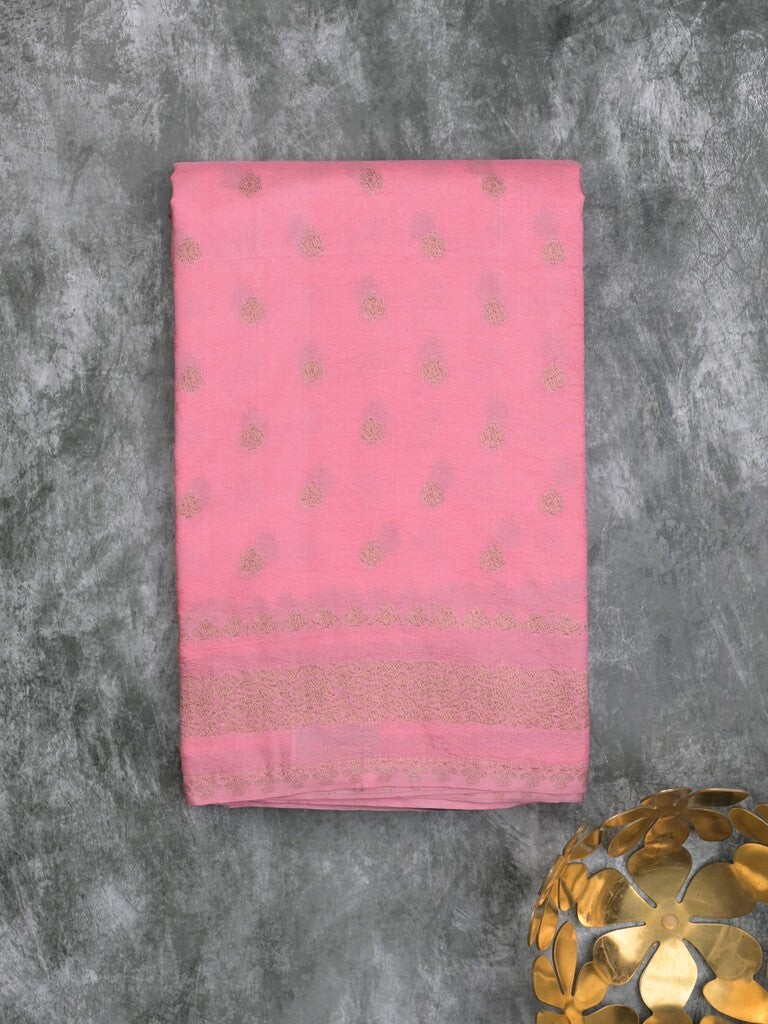 Chanderi kora fancy saree baby pink color allover zari motifs & zari border with rich pallu and plain blouse