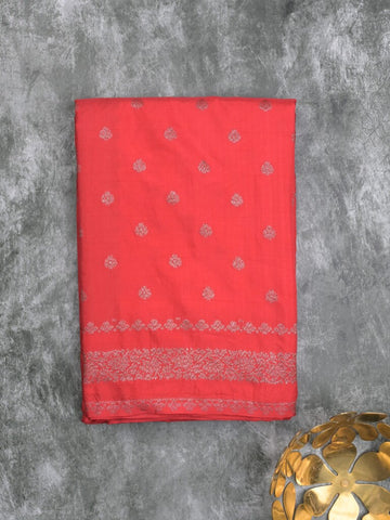 Chanderi kora fancy saree red color allover zari motifs & zari border with rich pallu and plain blouse