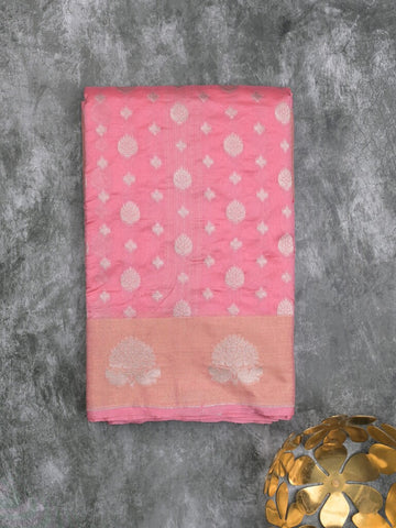 Chanderi kora fancy saree light pink color allover zari motifs & zari border with rich pallu and plain blouse