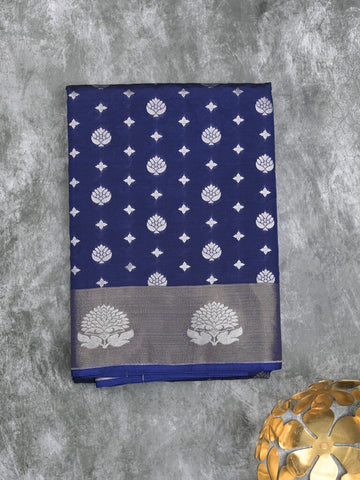 Chanderi kora fancy saree navy blue color allover zari motifs & zari border with rich pallu and plain blouse