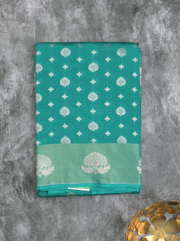 Chanderi kora fancy saree peacock blue color allover zari motifs & zari border with rich pallu and plain blouse