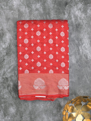 Chanderi kora fancy saree red color allover zari motifs & zari border with rich pallu and plain blouse