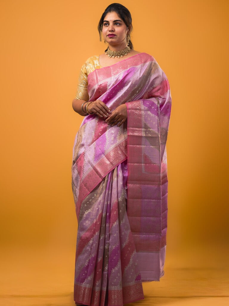 Raw mango pattu saree light lavender color allover zari weaves & zari border with rich pallu and attached plain blouse