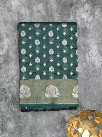 Chanderi kora fancy saree dark green color allover zari motifs & zari border with rich pallu and plain blouse