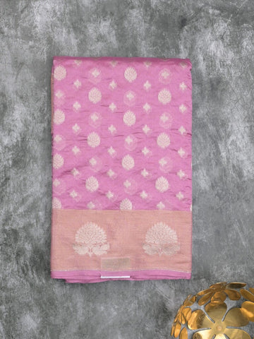 Chanderi kora fancy saree light purple color allover zari motifs & zari border with rich pallu and plain blouse