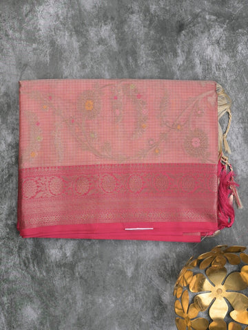 Kota tissue fancy saree baby pink color allover zari weaves & zari border with rich pallu and contrast tissue blouse