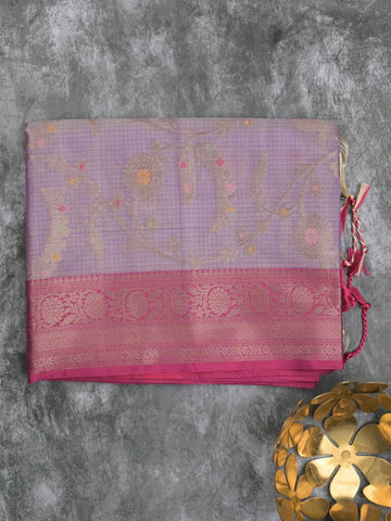 Kota tissue fancy saree lavender color allover zari weaves & zari border with rich pallu and contrast tissue blouse