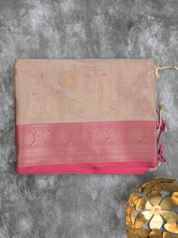 Kota tissue fancy saree light beige color allover zari weaves & zari border with rich pallu and contrast tissue blouse