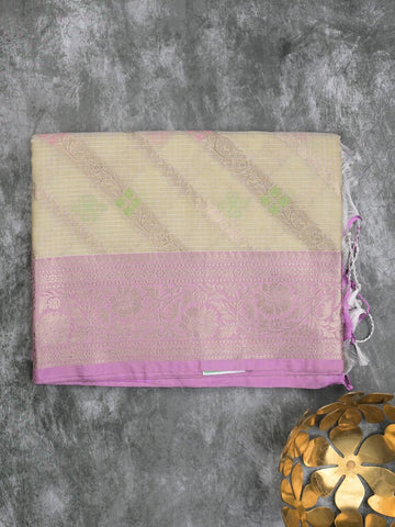 Kota tissue fancy saree pastel yellow color allover zari weaves & zari border with rich pallu and contrast tissue blouse