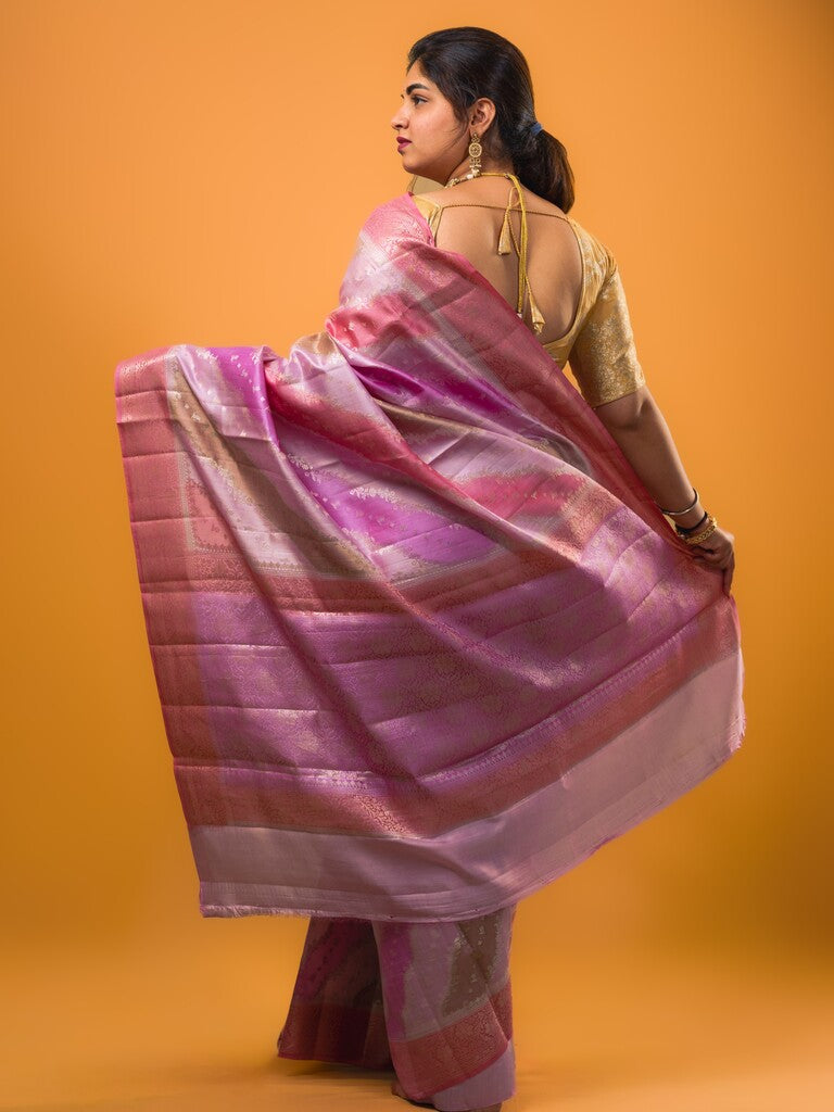 Raw mango pattu saree light lavender color allover zari weaves & zari border with rich pallu and attached plain blouse