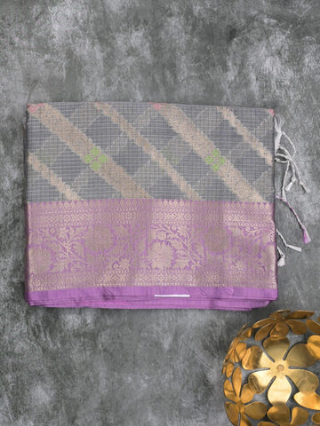 Kota tissue fancy saree light grey color allover zari weaves & zari border with rich pallu and contrast tissue blouse