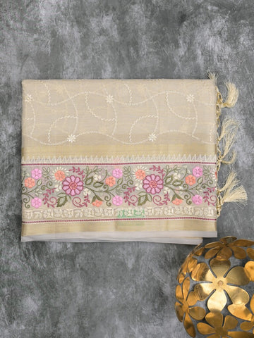 Organza fancy saree cream color allover embroidery & embroidery border with short zari pallu and plain self blouse