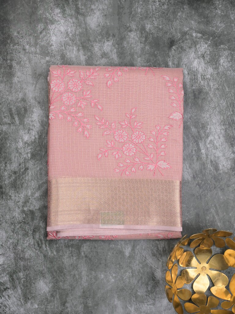 Kota tissue fancy saree baby pink color allover embroidery & zari border with short pallu and plain blouse