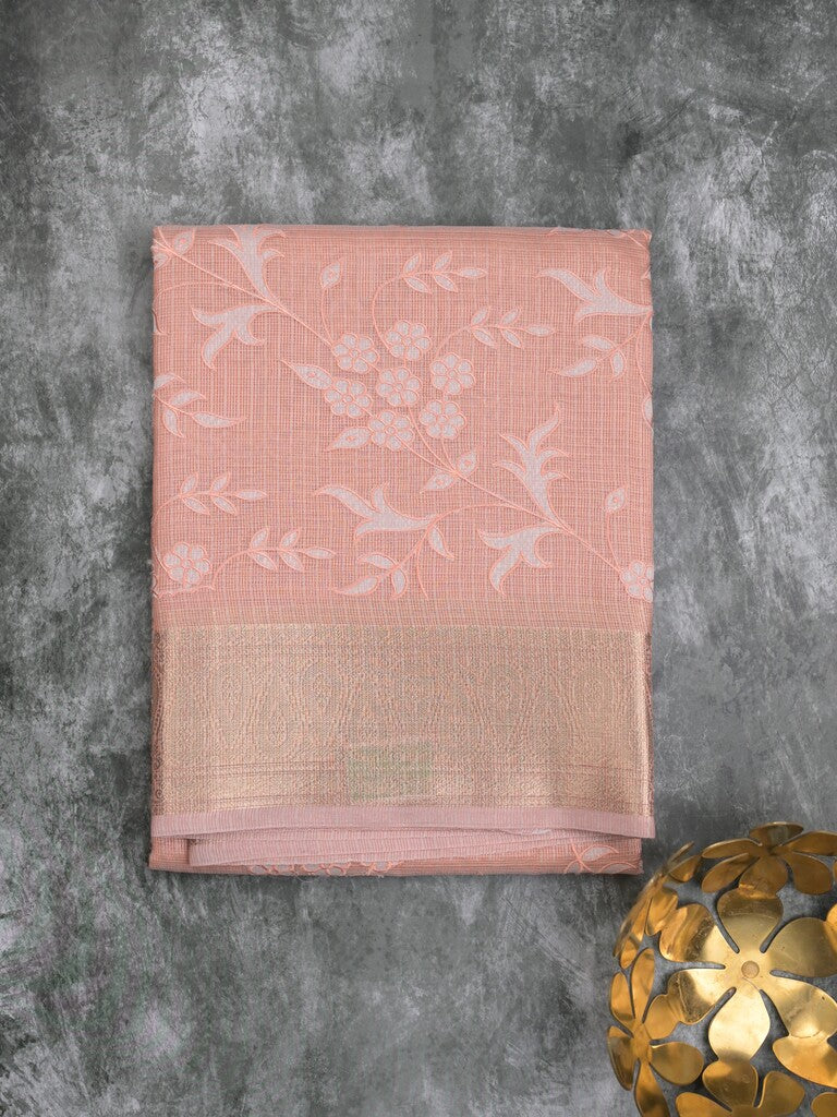 Kota tissue fancy saree peach color allover embroidery & zari border with short pallu and plain blouse