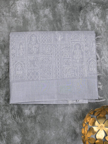 Jute tissue fancy saree gray color allover embroidery & kaddi border with short pallu and plain self blouse