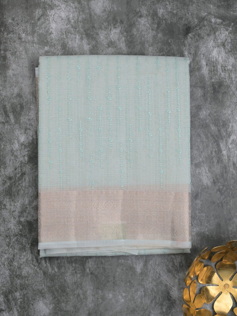 Kota tissue fancy saree pastel blue color allover embroidery & zari border with short pallu and plain self blouse