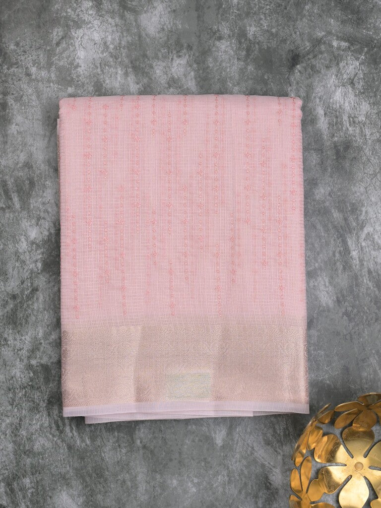 Kota tissue fancy saree baby pink color allover embroidery & zari border with short pallu and plain self blouse