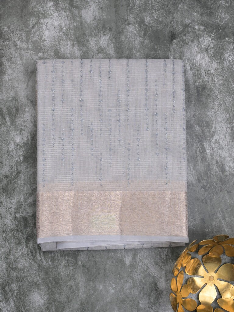 Kota tissue fancy saree bluish grey color allover embroidery & zari border with short pallu and plain self blouse