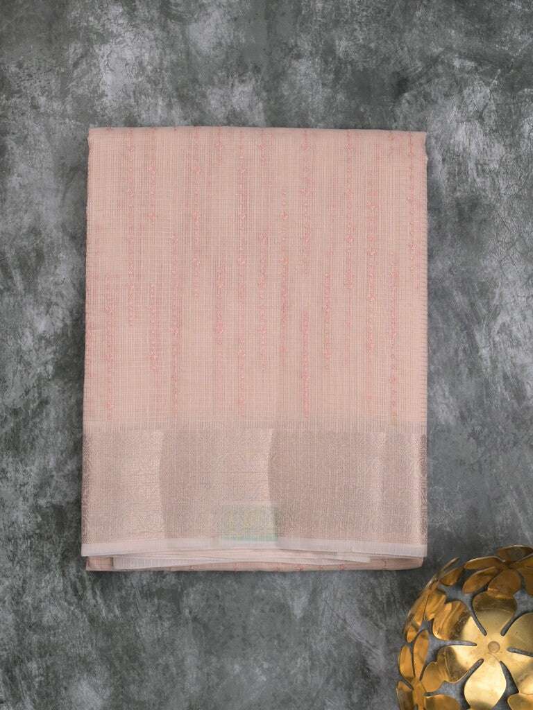 Kota tissue fancy saree light peach color allover embroidery & zari border with short pallu and plain self blouse