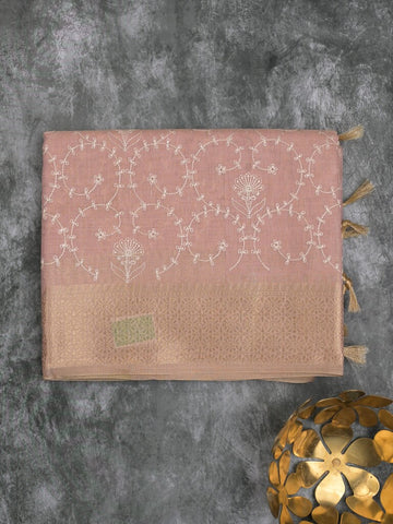 Kota tissue fancy saree baby pink color allover embroidery & zari border with short pallu and plain self blouse