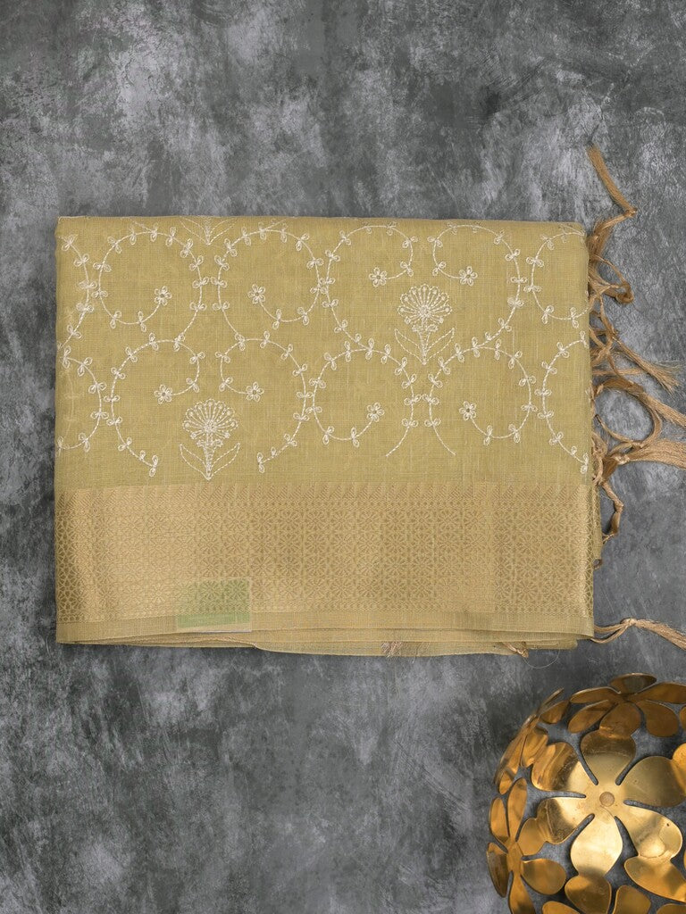 Kota tissue fancy saree light yellow color allover embroidery & zari border with short pallu and plain self blouse