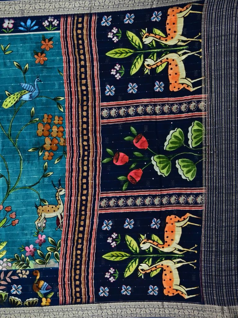 Chiffon fancy saree sky blue color allover stripes, prints and sequence work & zari border with short pallu and attached blouse