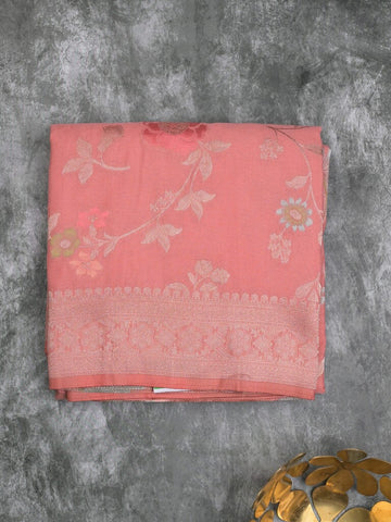 Georgette fancy saree coral pink color allover zari weaves & zari border with rich pallu and plain self blouse