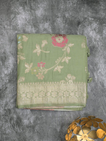 Georgette fancy saree pista green color allover zari weaves & zari border with rich pallu and plain self blouse