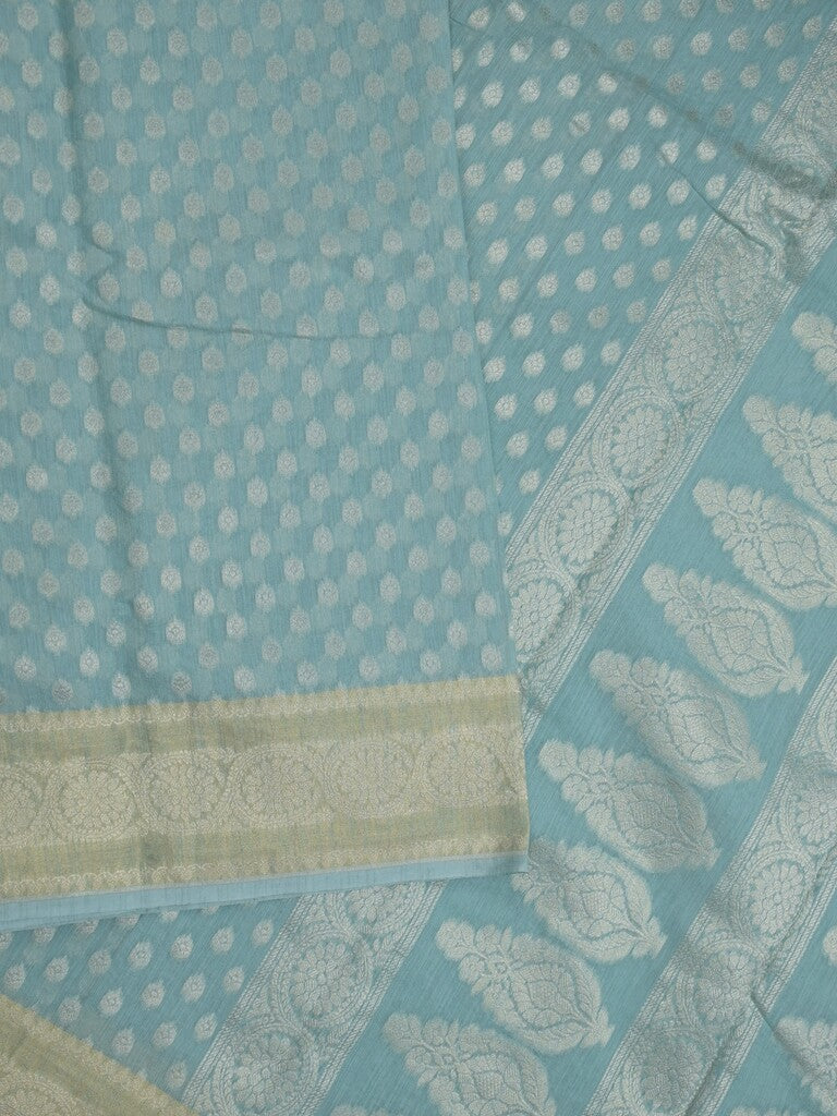 Chanderi kora fancy saree light blue color allover zari motifs & zari border with rich pallu and plain blouse