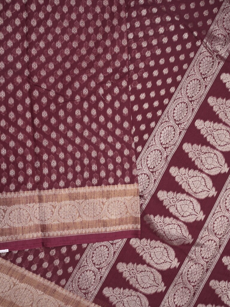 Chanderi kora fancy saree dark brown color allover zari motifs & zari border with rich pallu and plain blouse