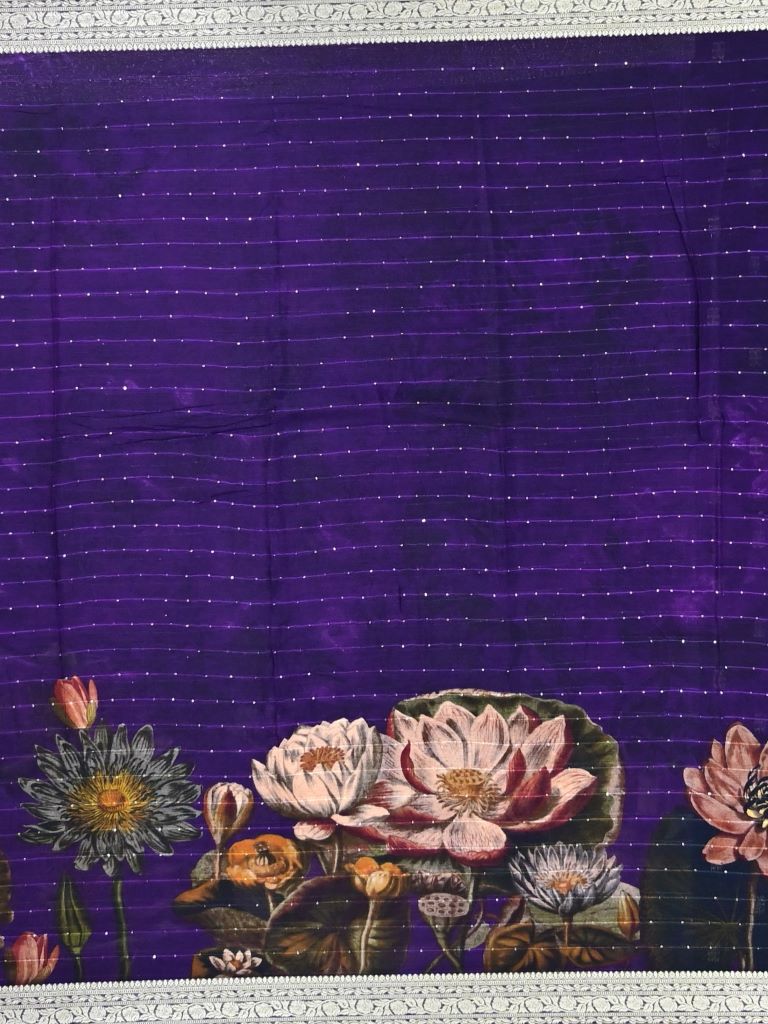 Chiffon fancy saree royal blue color allover stripes, prints and sequence work & zari border with short pallu and attached blouse