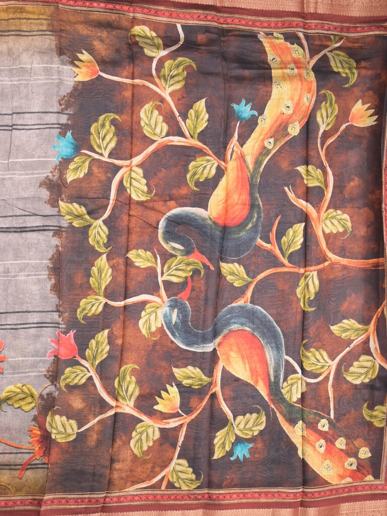 Tussar fancy saree grey color allover prints & zari, printed border with contrast pallu and attached printed blouse