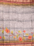Tussar fancy saree grey color allover prints & zari, printed border with contrast pallu and attached printed blouse
