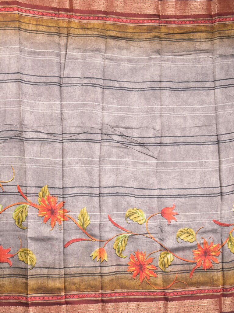 Tussar fancy saree grey color allover prints & zari, printed border with contrast pallu and attached printed blouse