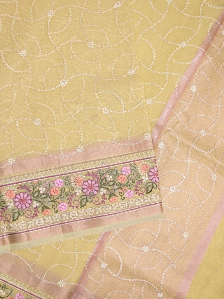 Organza fancy saree light yellow color allover embroidery & embroidery border with short zari pallu and plain self blouse