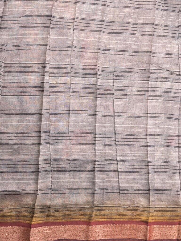 Tussar fancy saree grey color allover prints & zari, printed border with contrast pallu and attached printed blouse