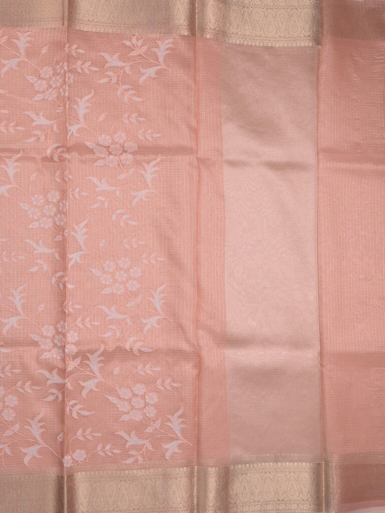 Kota tissue fancy saree peach color allover embroidery & zari border with short pallu and plain blouse