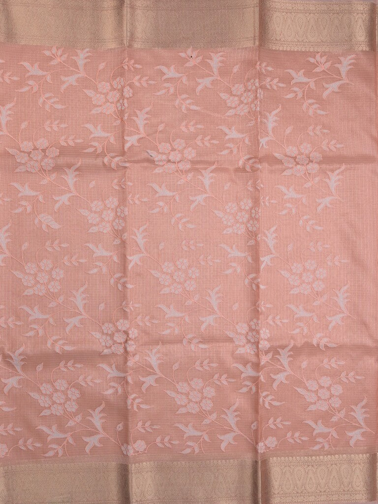 Kota tissue fancy saree peach color allover embroidery & zari border with short pallu and plain blouse