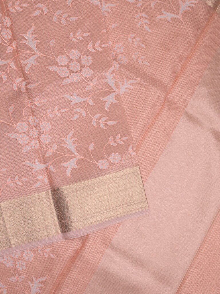 Kota tissue fancy saree peach color allover embroidery & zari border with short pallu and plain blouse
