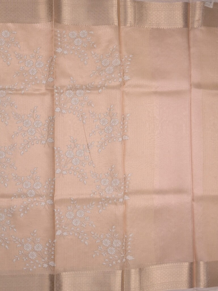 Kota tissue fancy saree light beige color allover embroidery & zari border with short pallu and plain blouse