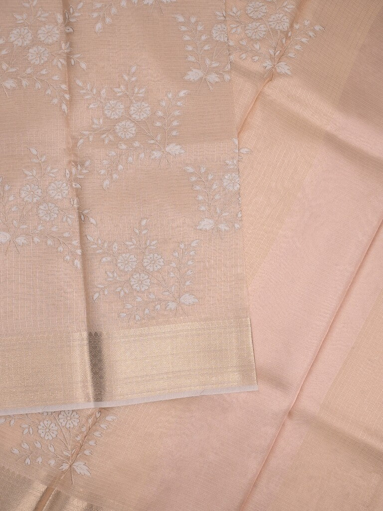 Kota tissue fancy saree light beige color allover embroidery & zari border with short pallu and plain blouse