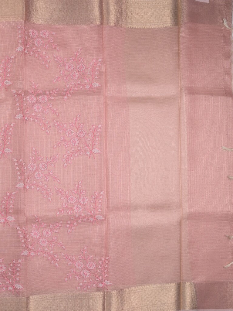 Kota tissue fancy saree baby pink color allover embroidery & zari border with short pallu and plain blouse