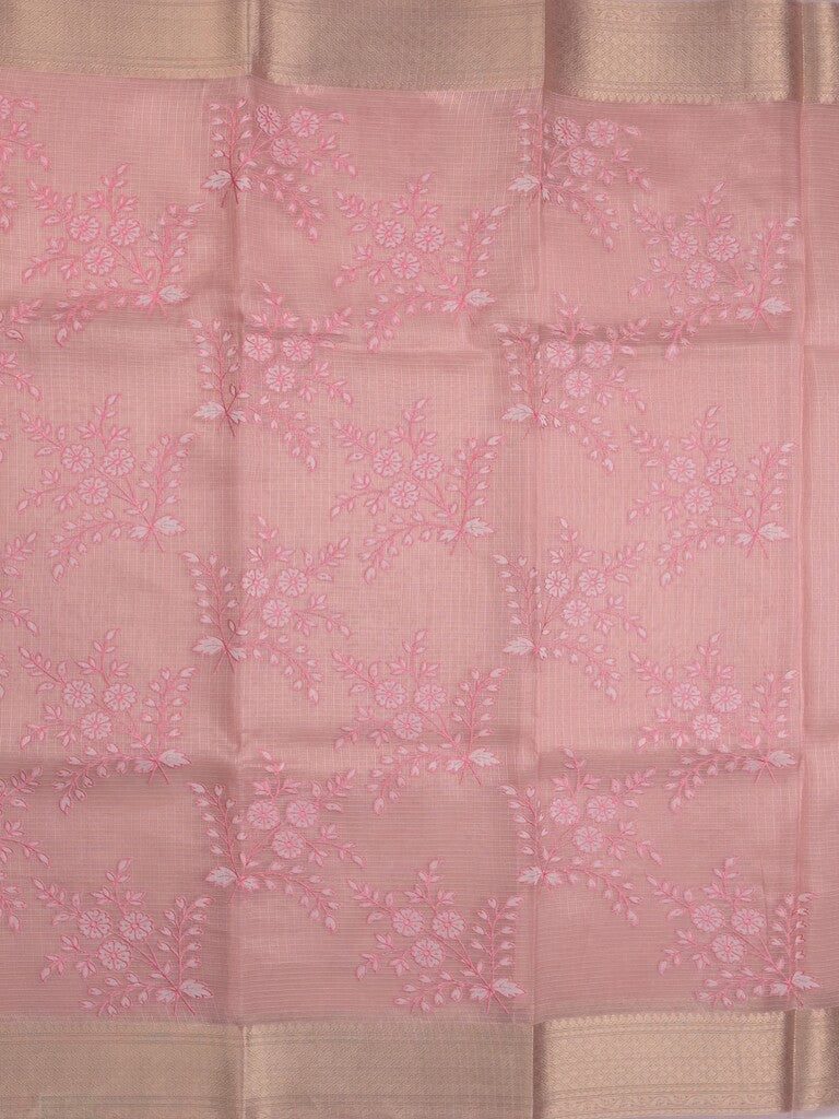 Kota tissue fancy saree baby pink color allover embroidery & zari border with short pallu and plain blouse