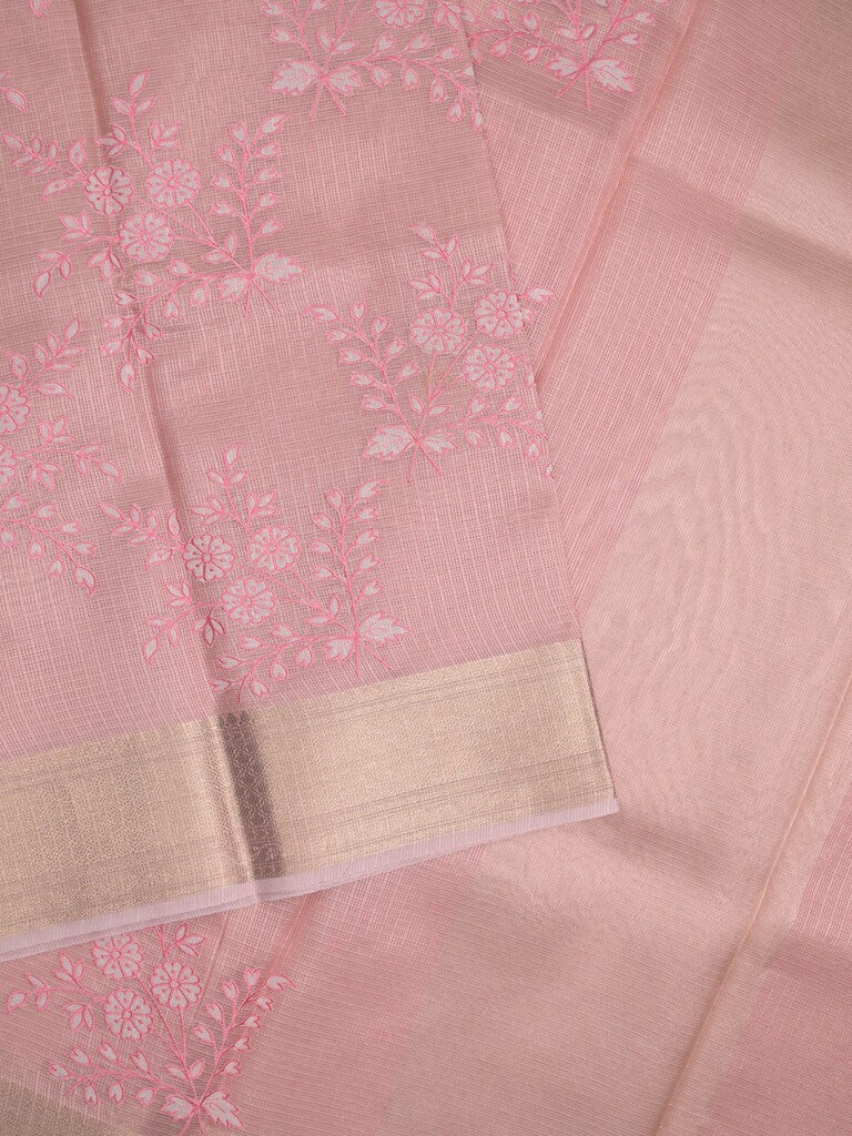 Kota tissue fancy saree baby pink color allover embroidery & zari border with short pallu and plain blouse