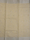 Jute tissue fancy saree light yellow color allover embroidery & zari border with short pallu and plain self blouse