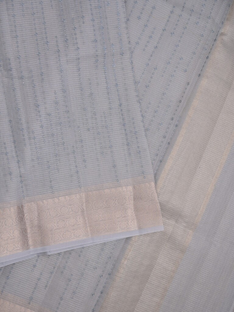Kota tissue fancy saree bluish grey color allover embroidery & zari border with short pallu and plain self blouse