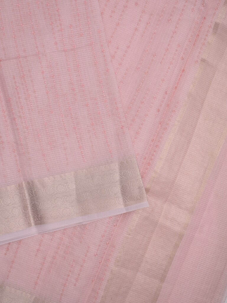 Kota tissue fancy saree baby pink color allover embroidery & zari border with short pallu and plain self blouse