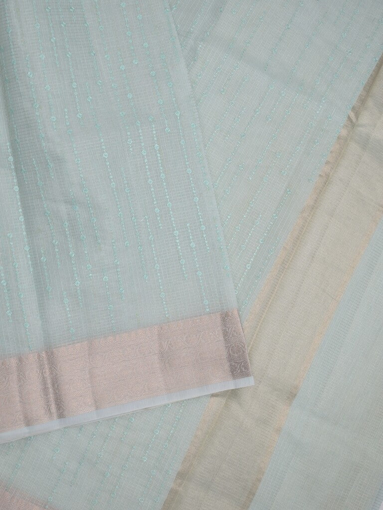 Kota tissue fancy saree pastel blue color allover embroidery & zari border with short pallu and plain self blouse